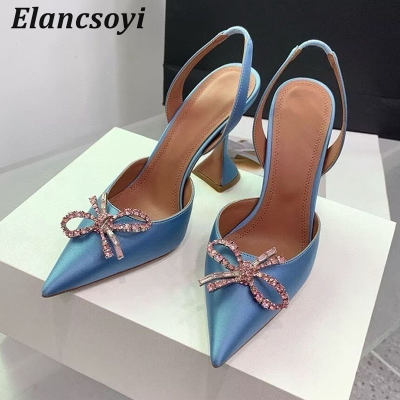Leather Work Heels - ポインテッドトゥハイヒール女性パンプスクリスタルボウサテンサンダル夏カップヒールバックストラップサンダリアセクシーなパーティー宴会靴