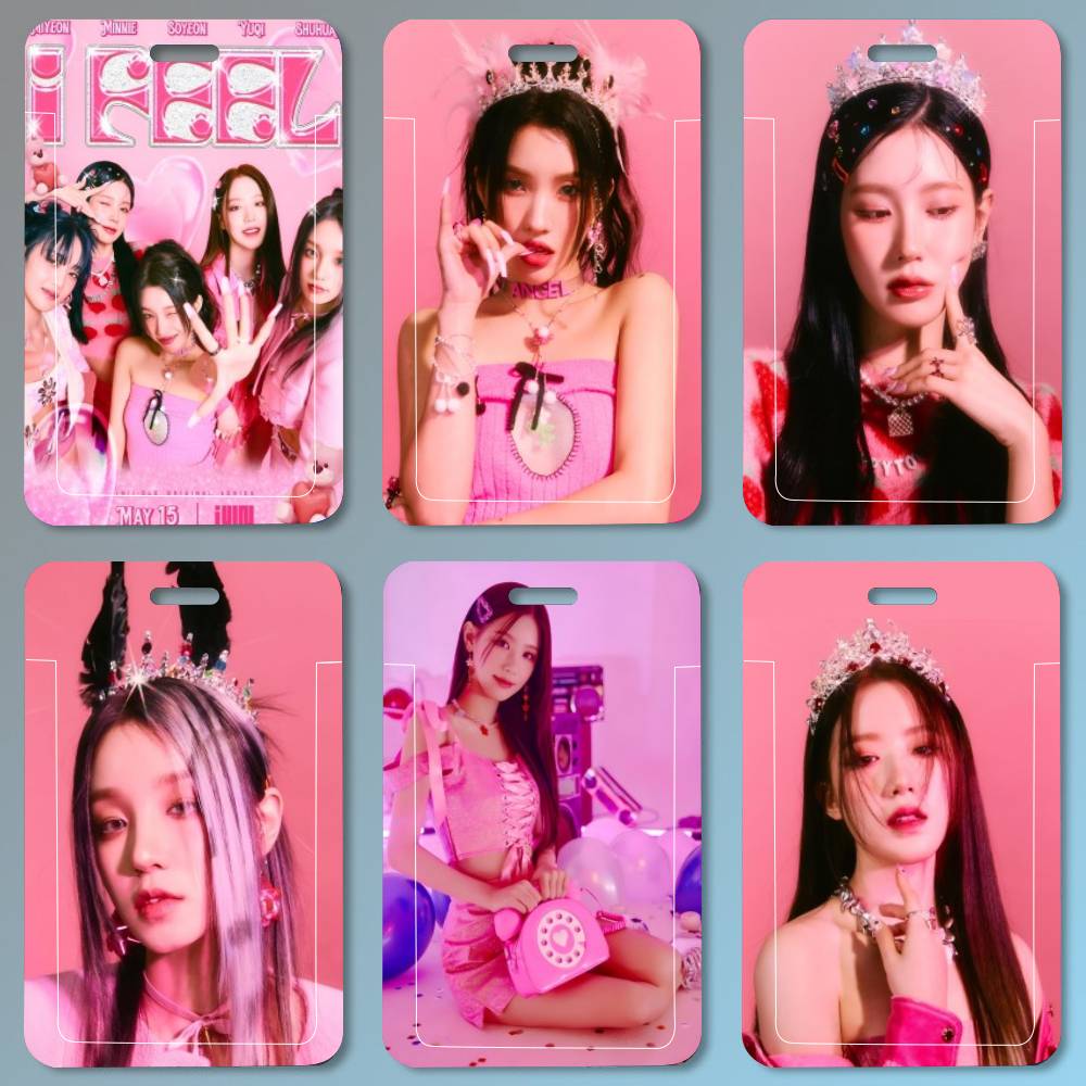 Leather Work For Kids - Kpop GIDLE (G)I-DLE ガールズ ID カードホルダーストラップカバー女性男性労働許可証ホルダー学生子供バスカードケース