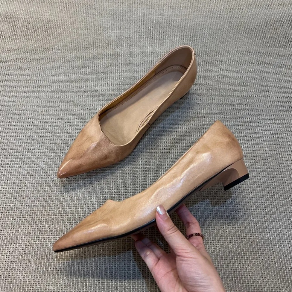 Leather Work Heels - ローヒールレザーメリージェーンズ レディース スリッポン 通勤靴 シンプルなフレンチスタイル プロフェッショナルワークシューズ