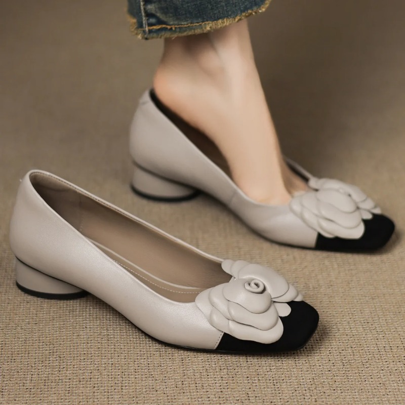Leather Work Heels - プラスサイズ 34-41 レディース シープスキン ミックスカラー パッチワーク