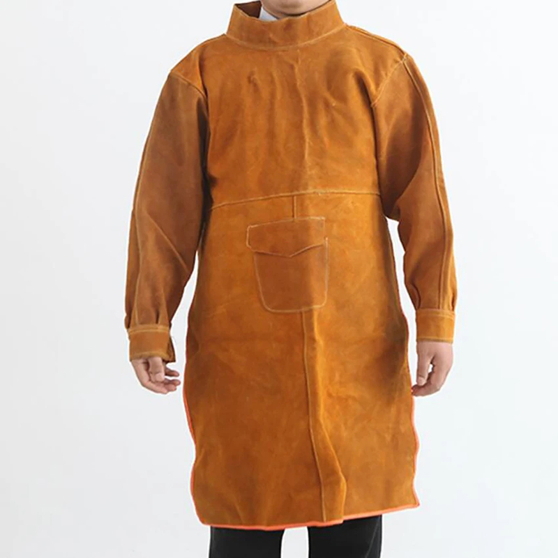 Leatherwork Apron - 牛革製溶接服、長さ105cmの頑丈な溶接エプロンスーツ、男性用袖付き耐火・耐摩耗コート