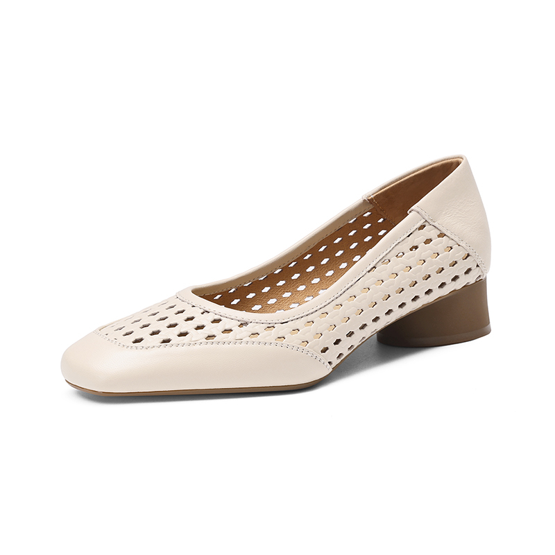 Leather Work Heels - 2026 新ファッション女性の夏のデザイン気質中空ハイヒールの靴革スクエアヘッド浅い口の靴 Zapatos Mujer