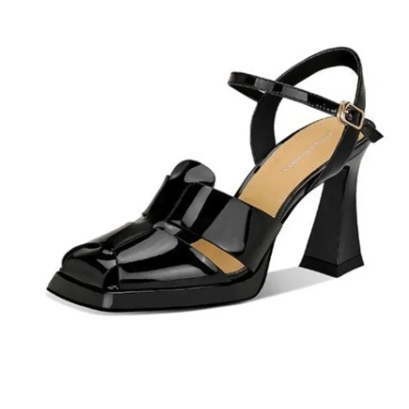 Leather Work Heels - 女性のハイヒールサンダルファッションパテントレザーローマンサンダルセクシーな中空ハイヒール女性デザイナーシューズ Zapatos Mujer
