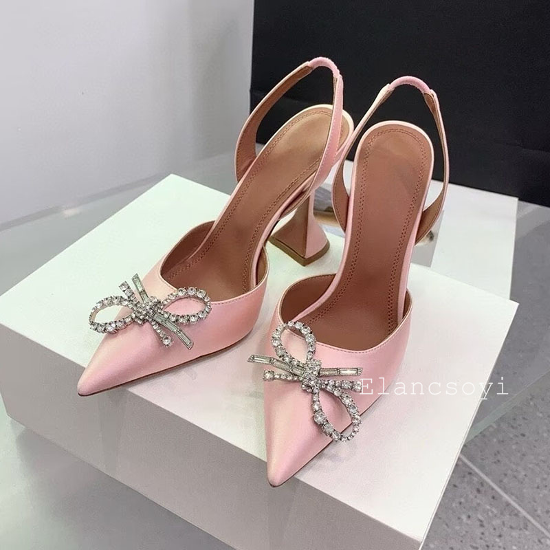 ポインテッドトゥハイヒール女性パンプスクリスタルボウサテンサ - Leather Work Heels のレビューと価格