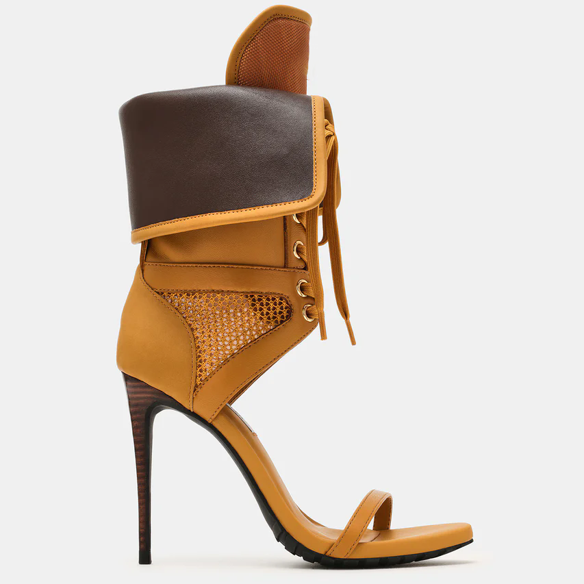 女性オープントゥスティレットレースアップサンダルセクシーなレ - Leather Work Heels のレビューと価格